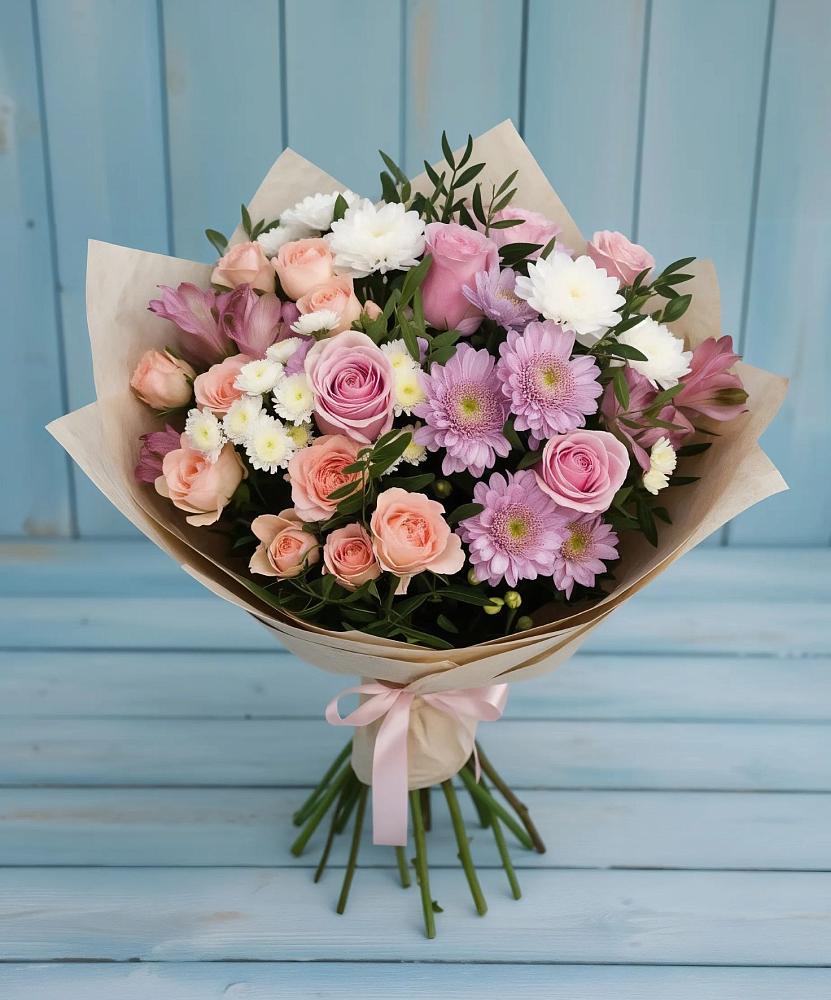 Букет цветов из: Хризантемы, Розы и Альстромерии в Бее
