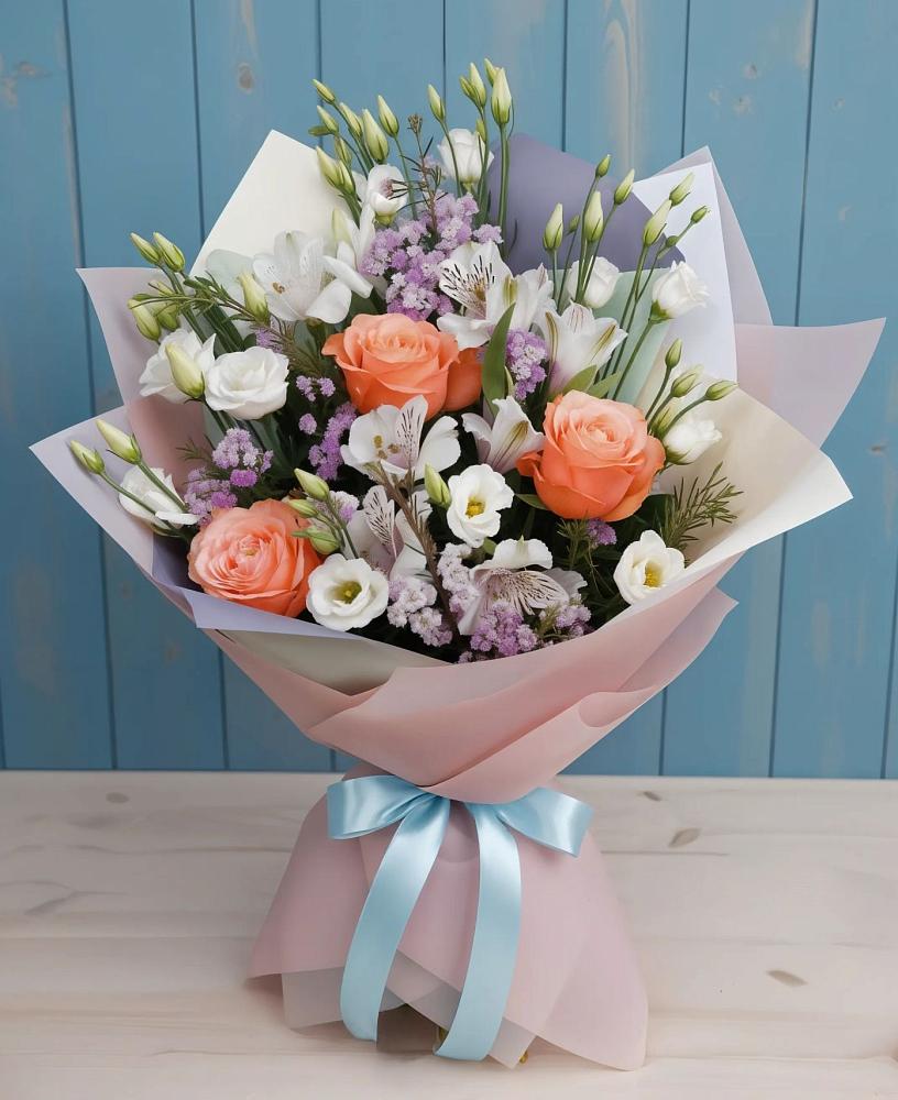 Букет цветов из: Лизиантусы, Розы, Альстромерии и Гипсофила в Бее