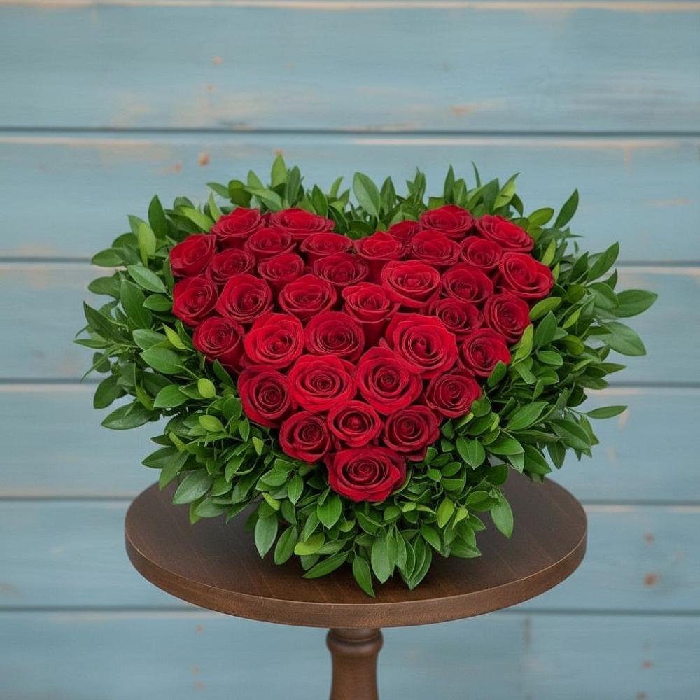 Цветочная композиция из Розы в виде сердца в Бее