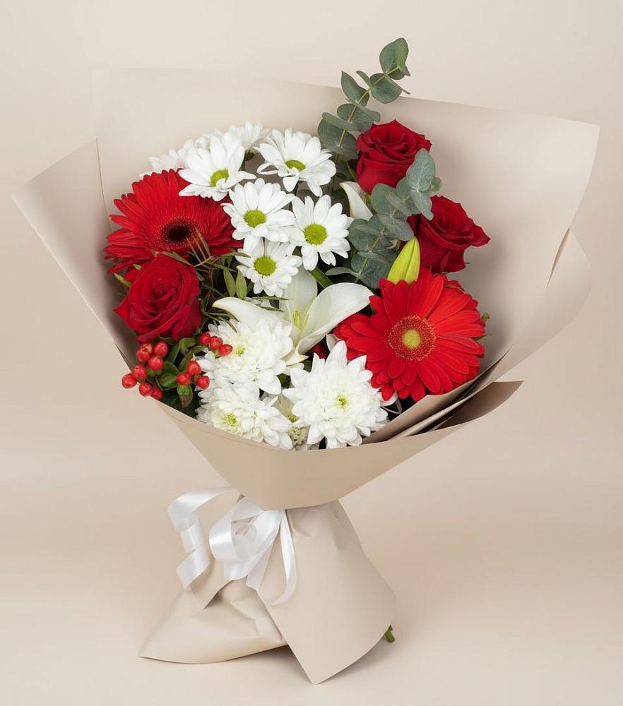 Букет цветов из: Розы, Хризантемы, Герберы и Лилии в Бее