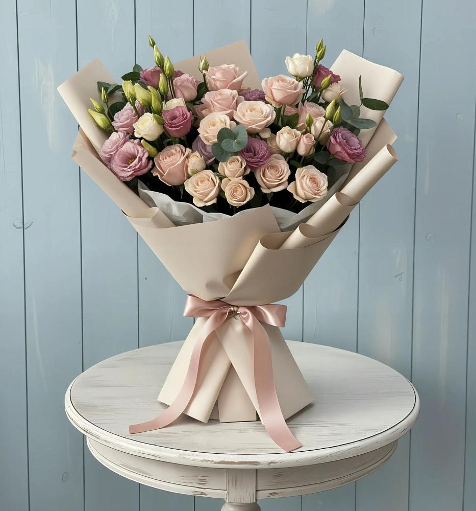 Букет цветов из: Розы и Лизиантусы в Бее