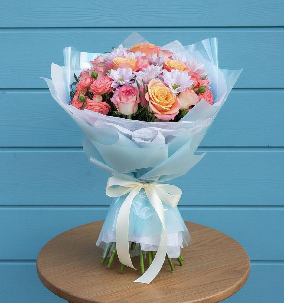 Букет цветов из: Хризантемы и Розы в Бее