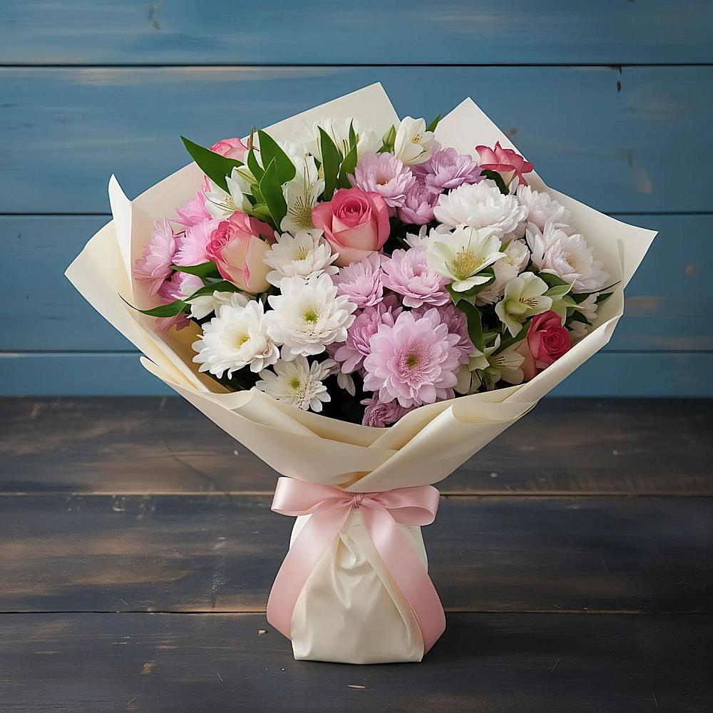 Букет цветов из: Хризантемы, Альстромерии и Розы в Бее